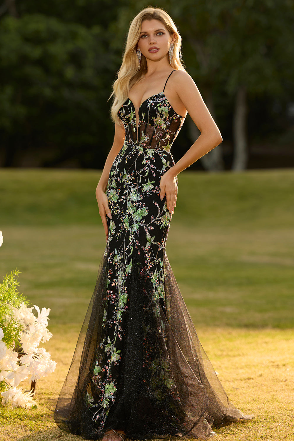 Sparkly Pink Floral Spaghetti Straps Tulle Long Corset Prom Dress with Beading