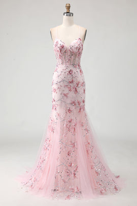Sparkly Pink Floral Beaded Spaghetti Straps Mermaid Corset Long Prom Dress