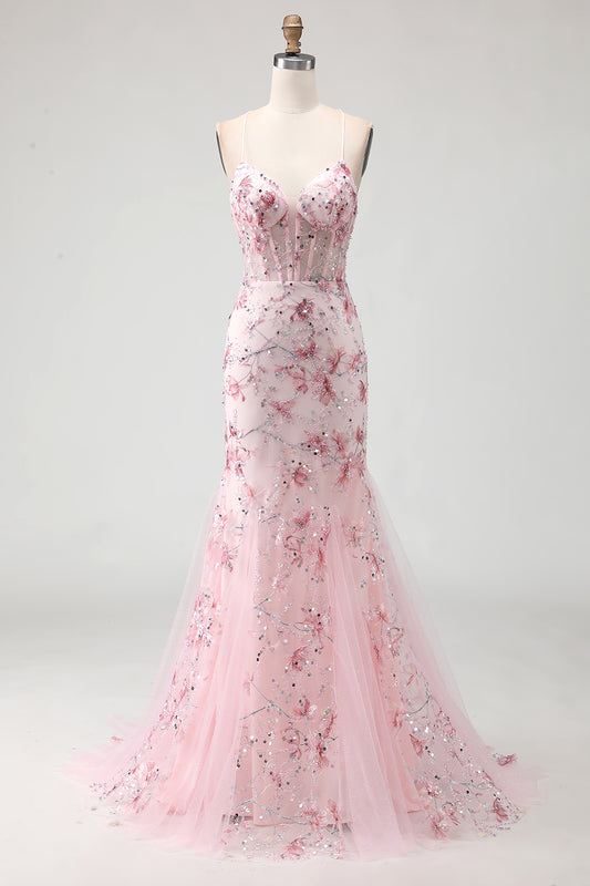 Sparkly Pink Floral Beaded Spaghetti Straps Mermaid Corset Long Prom Dress