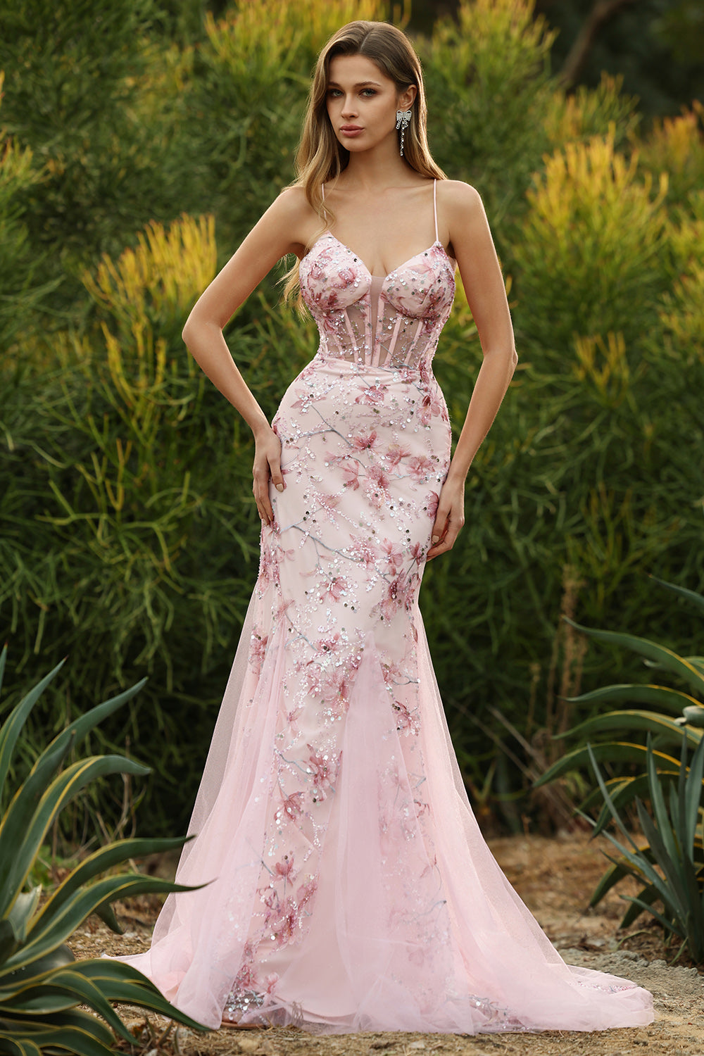 strapless open back dress Pink Tulle A Line Floral Lace Prom Dresses Wit Slit PL441 main image 0
