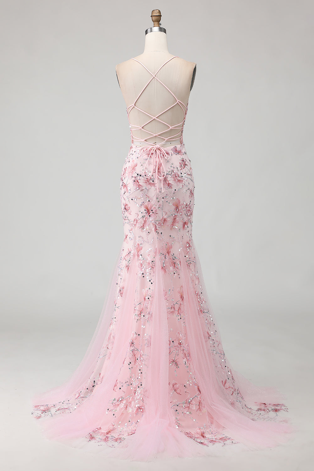 Sparkly Pink Floral Beaded Spaghetti Straps Mermaid Corset Long Prom Dress