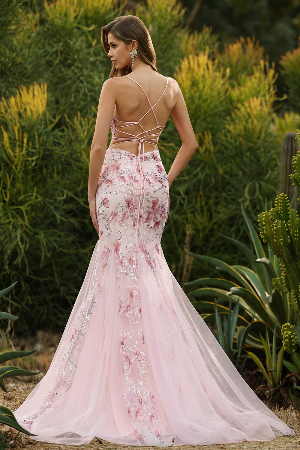 open lace back dress Zapaka Women Yellow Mermaid Long Prom Dress with Sequins Floral Spaghetti Straps Corset Party Dress with Lace Up Back, Pink / AU6