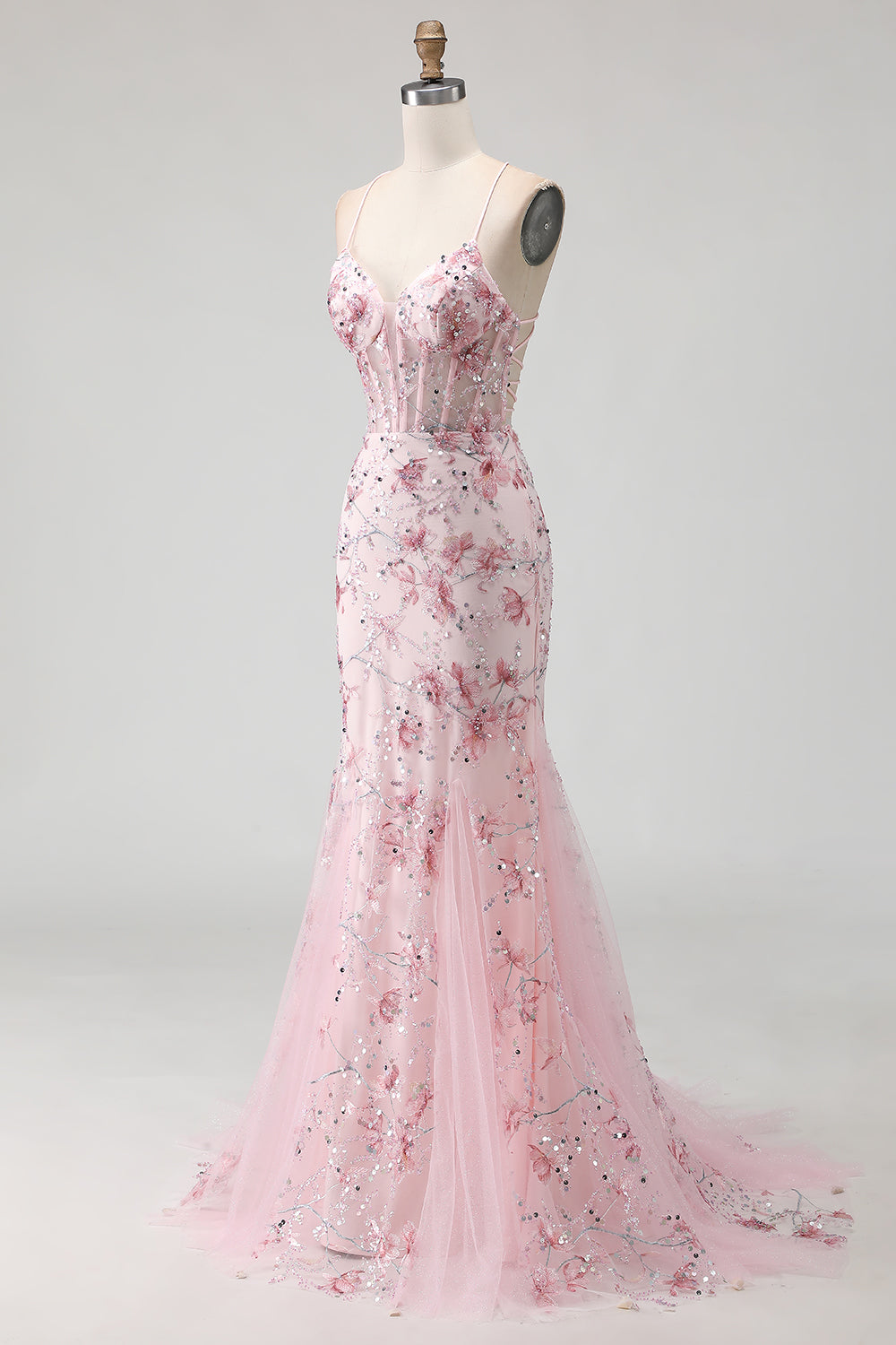 Sparkly Pink Floral Beaded Spaghetti Straps Mermaid Corset Long Prom Dress