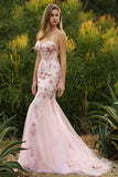 Sparkly Pink Floral Spaghetti Straps Tulle Long Corset Prom Dress with Beading
