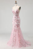 Sparkly Pink Floral Beaded Spaghetti Straps Mermaid Corset Long Prom Dress
