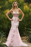 Sparkly Pink Floral Spaghetti Straps Tulle Long Corset Prom Dress with Beading