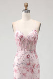 Sparkly Pink Floral Beaded Spaghetti Straps Mermaid Corset Long Prom Dress