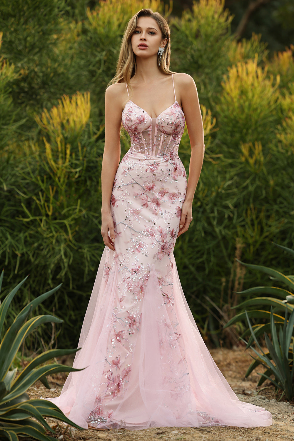Sparkly Pink Floral Spaghetti Straps Tulle Long Corset Prom Dress with Beading