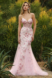 Sparkly Pink Floral Spaghetti Straps Tulle Long Corset Prom Dress with Beading