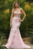 Sparkly Pink Floral Spaghetti Straps Tulle Long Corset Prom Dress with Beading