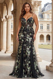 Sparkly Plus Size Floral Black Beaded Spaghetti Straps Long Corset Prom Dress
