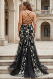 Sparkly Plus Size Floral Black Beaded Spaghetti Straps Long Corset Prom Dress