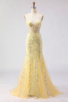 Sparkly Floral Yellow Mermaid Spaghetti Straps Long Corset Prom Dress with Beading