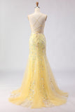 Sparkly Floral Yellow Mermaid Spaghetti Straps Long Corset Prom Dress with Beading