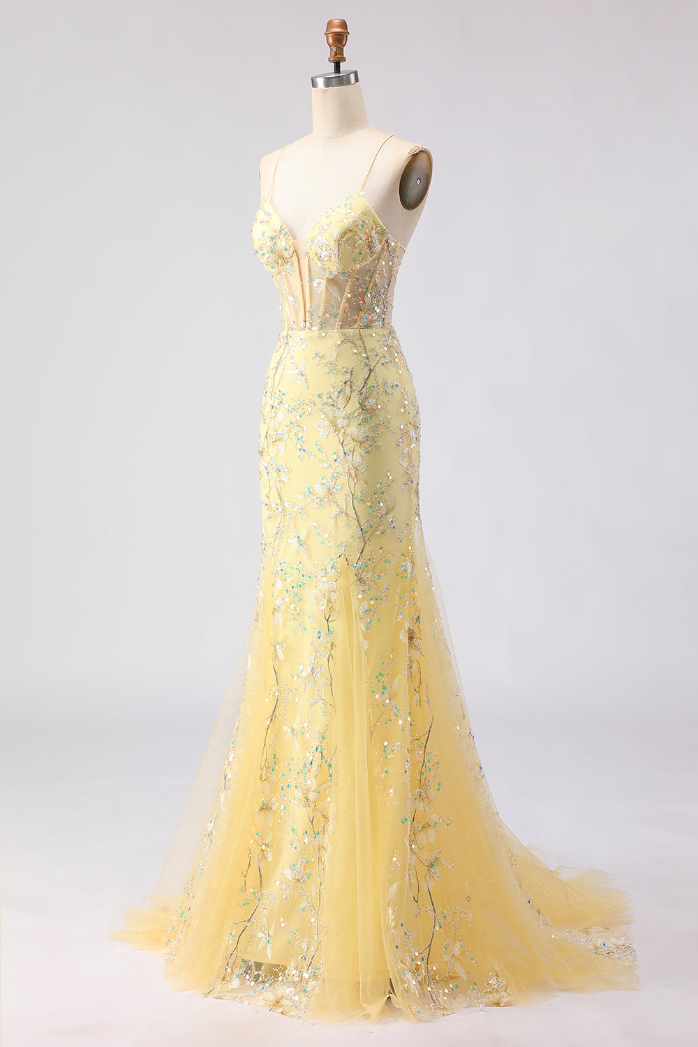 Sparkly Floral Yellow Mermaid Spaghetti Straps Long Corset Prom Dress with Beading