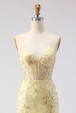 Sparkly Floral Yellow Mermaid Spaghetti Straps Long Corset Prom Dress with Beading