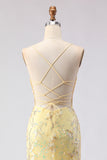 Sparkly Floral Yellow Mermaid Spaghetti Straps Long Corset Prom Dress with Beading
