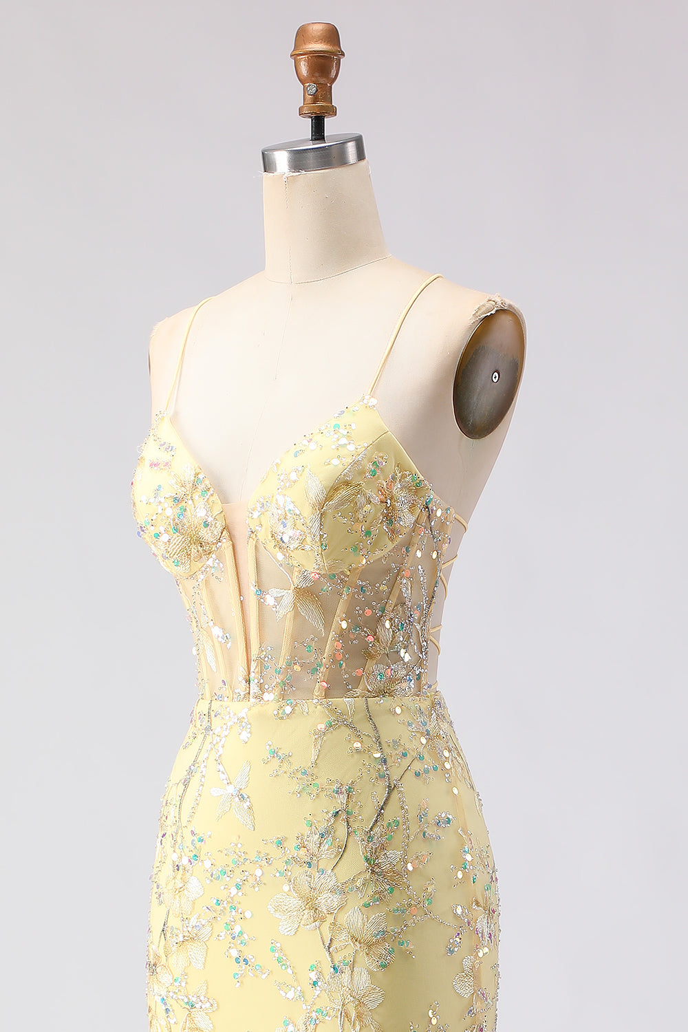 Sparkly Floral Yellow Mermaid Spaghetti Straps Long Corset Prom Dress with Beading
