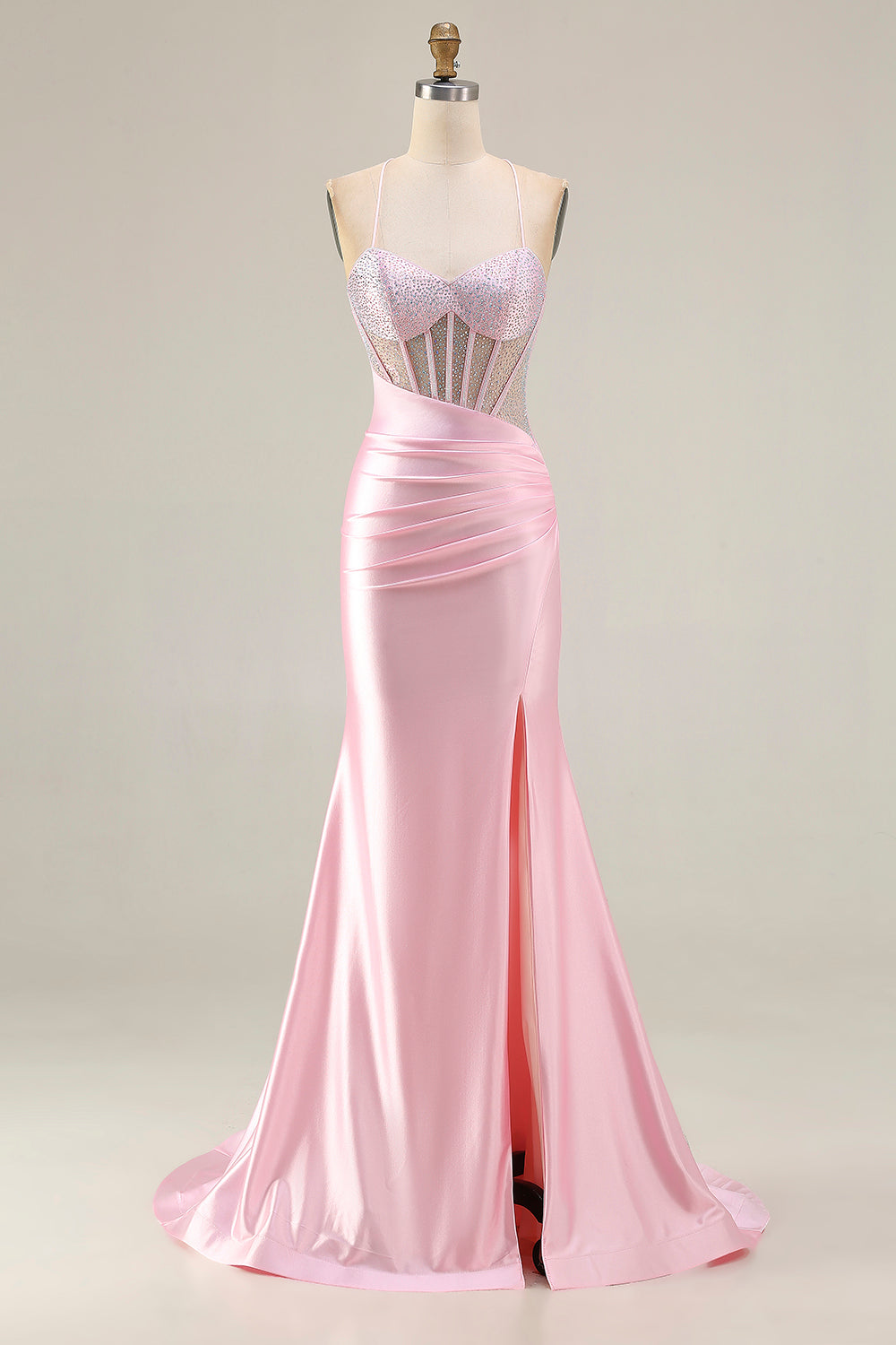 Zapakasa Women Sparkly Pink Mermaid Corset Long Prom Dress with Slit