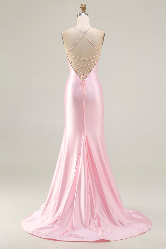 Sparkly Pink Corset Mermaid Long Prom Dress with Slit