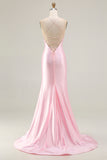 Sparkly Pink Corset Mermaid Long Prom Dress with Slit