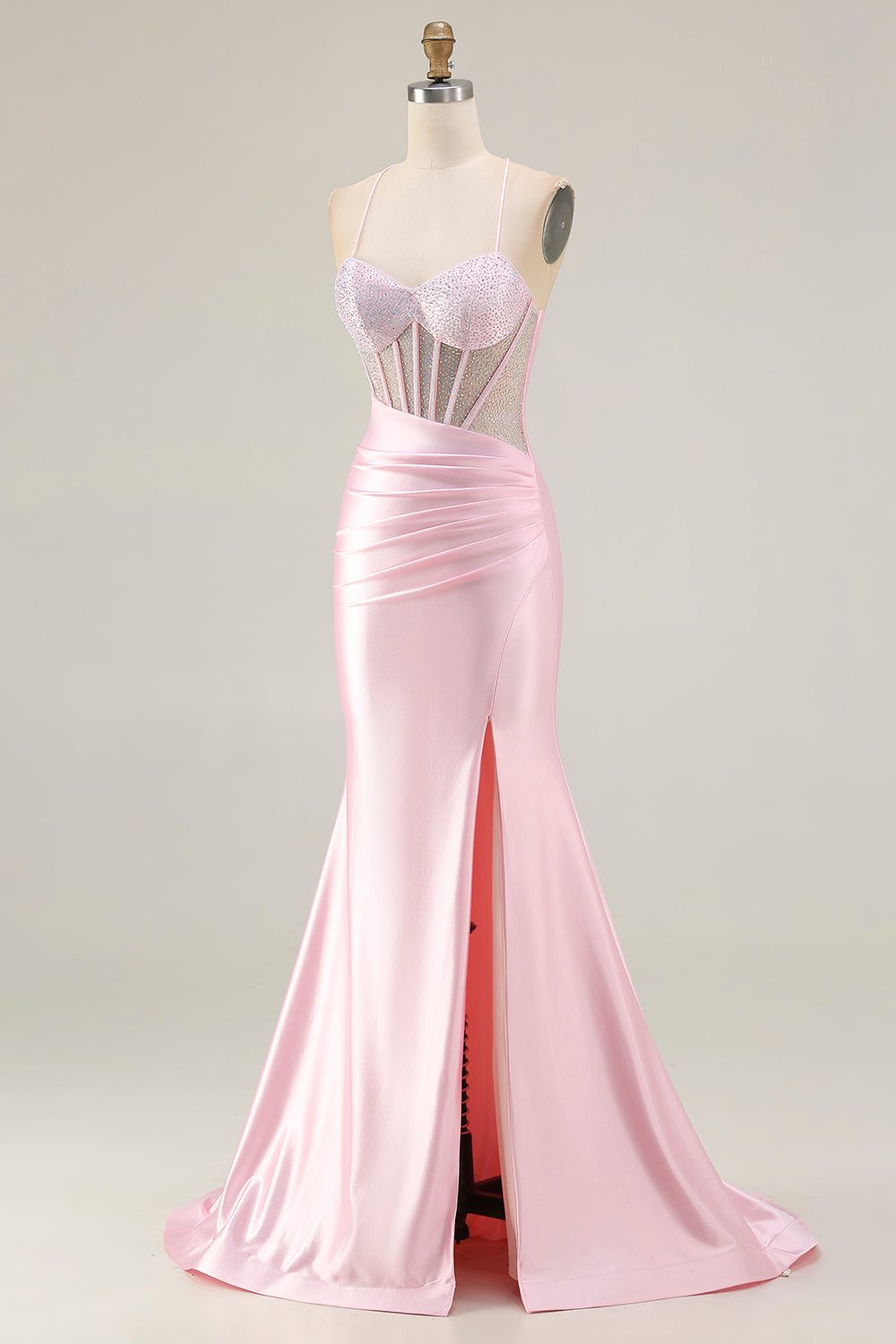 Sparkly Pink Corset Mermaid Long Prom Dress with Slit
