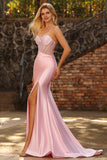 Sparkly Pink Mermaid Long Corset Prom Dress with Slit