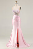Sparkly Pink Corset Mermaid Long Prom Dress with Slit
