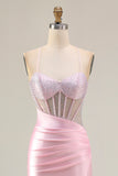 Sparkly Pink Corset Mermaid Long Prom Dress with Slit