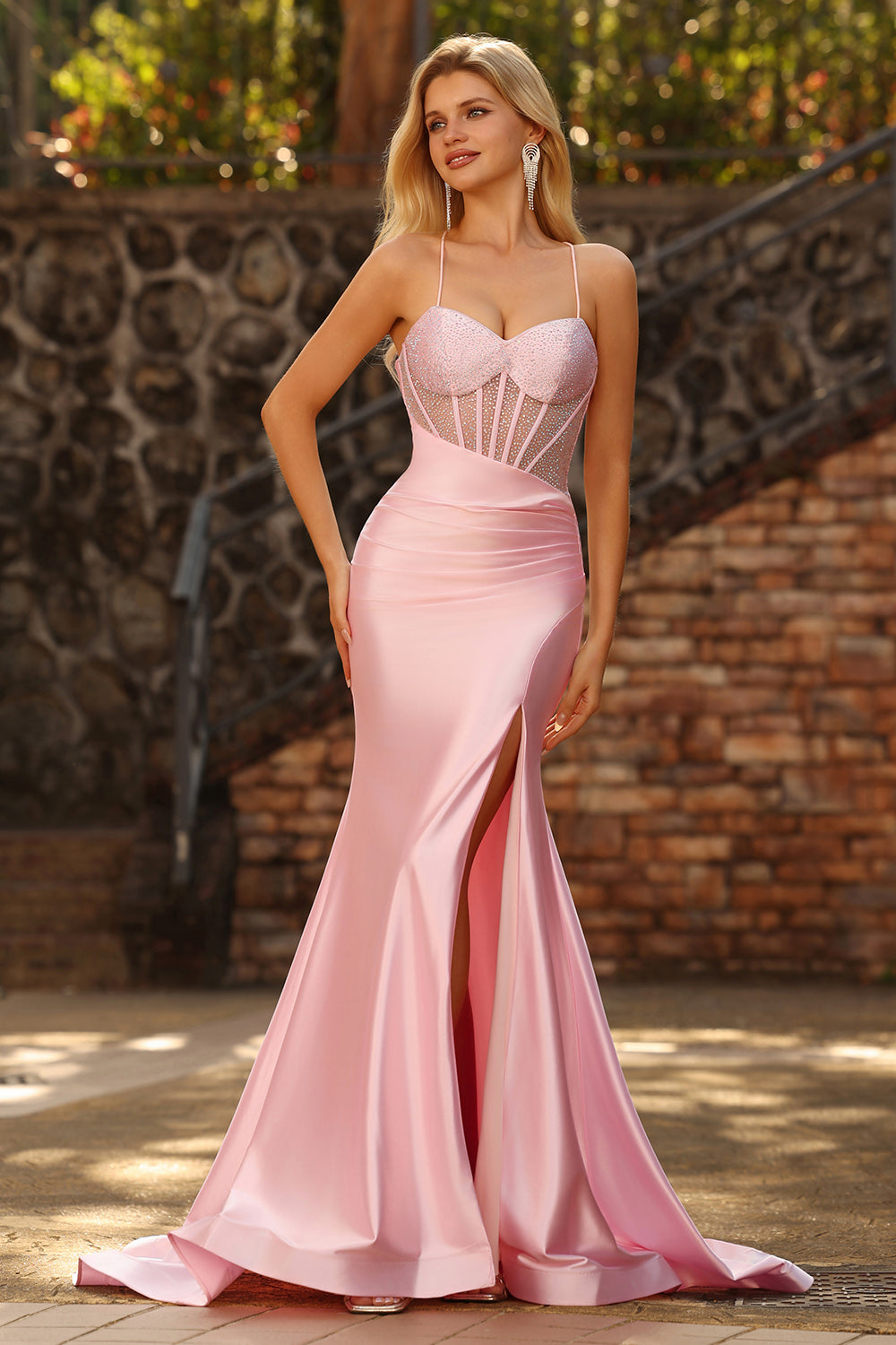 Sparkly Pink Mermaid Long Corset Prom Dress with Slit