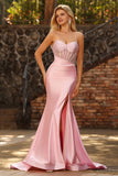 Sparkly Pink Mermaid Long Corset Prom Dress with Slit
