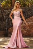Sparkly Pink Mermaid Long Corset Prom Dress with Slit