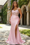 Sparkly Pink Plus Size Corset Mermaid Long Prom Dress with Slit