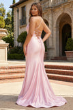 Sparkly Pink Plus Size Corset Mermaid Long Prom Dress with Slit