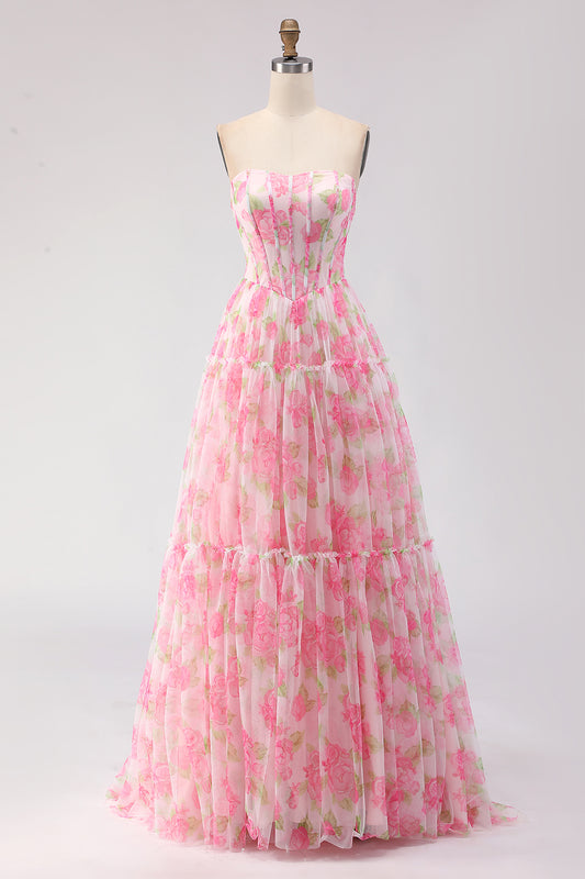 Floral Pink A-Line Chiffon Long Corset Prom Dress with Ruffles