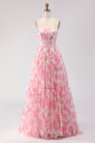 Floral Pink A-Line Chiffon Long Corset Prom Dress with Ruffles