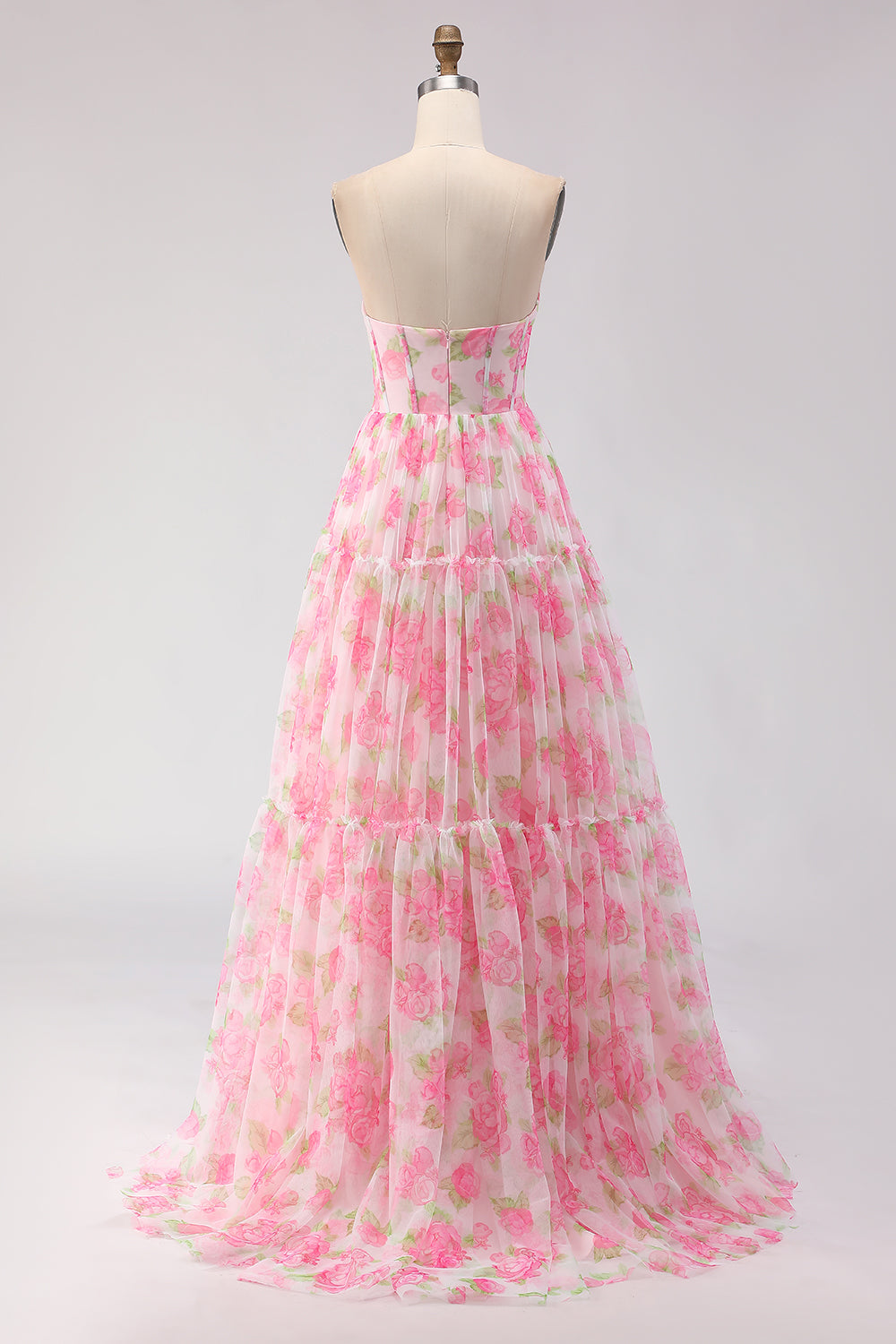 Floral Pink A-Line Chiffon Long Corset Prom Dress with Ruffles