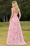 Floral Pink A-Line Chiffon Long Corset Prom Dress with Ruffles
