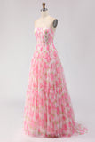 Floral Pink A-Line Chiffon Long Corset Prom Dress with Ruffles