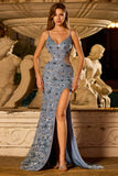 Sparkly Floral Dusty Blue Beaded Cut Out Long Prom Dress with Slit
