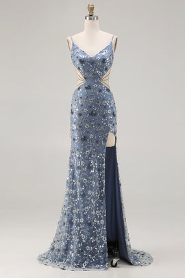 Sparkly Dusty Blue Floral Cut Out Beaded Long Prom Dress with Slit