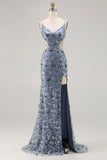 Sparkly Dusty Blue Floral Cut Out Beaded Long Prom Dress with Slit