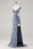 Sparkly Dusty Blue Floral Cut Out Beaded Long Prom Dress with Slit