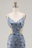 Sparkly Dusty Blue Floral Cut Out Beaded Long Prom Dress with Slit