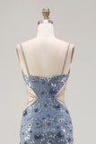 Sparkly Dusty Blue Floral Cut Out Beaded Long Prom Dress with Slit