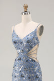 Sparkly Dusty Blue Floral Cut Out Beaded Long Prom Dress with Slit