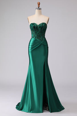 Sparkly Dark Green Sweetheart Mermaid Long Corset Prom Dress with Slit