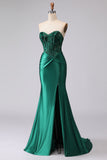 Sparkly Dark Green Sweetheart Mermaid Long Corset Prom Dress with Slit