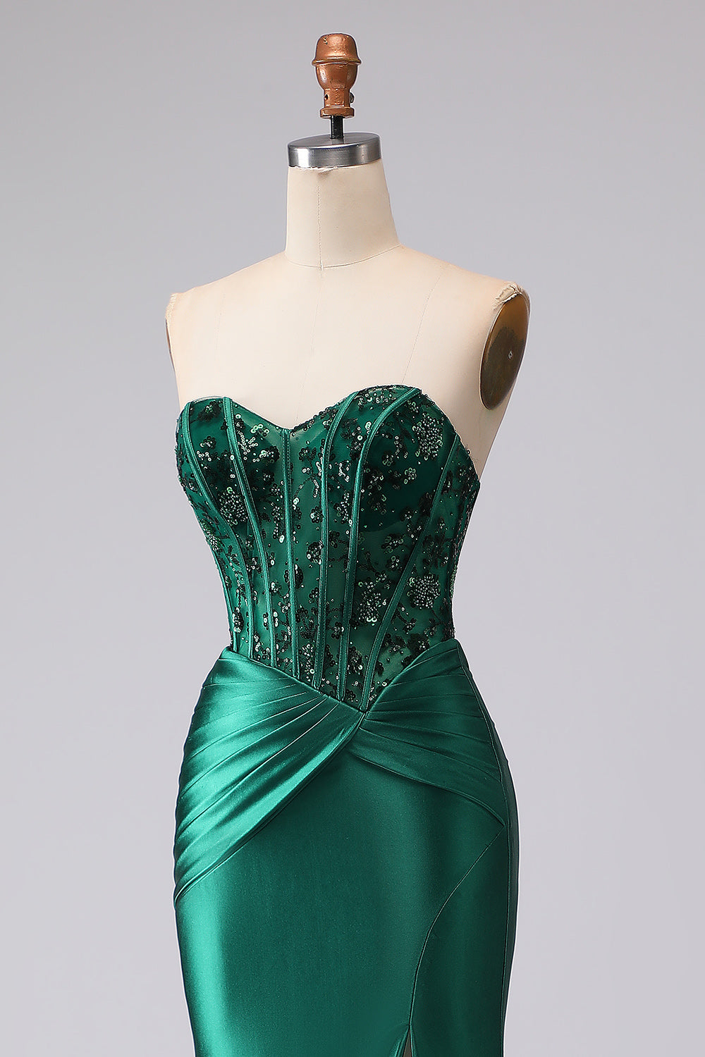 Sparkly Dark Green Sweetheart Mermaid Long Corset Prom Dress with Slit