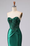 Sparkly Dark Green Sweetheart Mermaid Long Corset Prom Dress with Slit